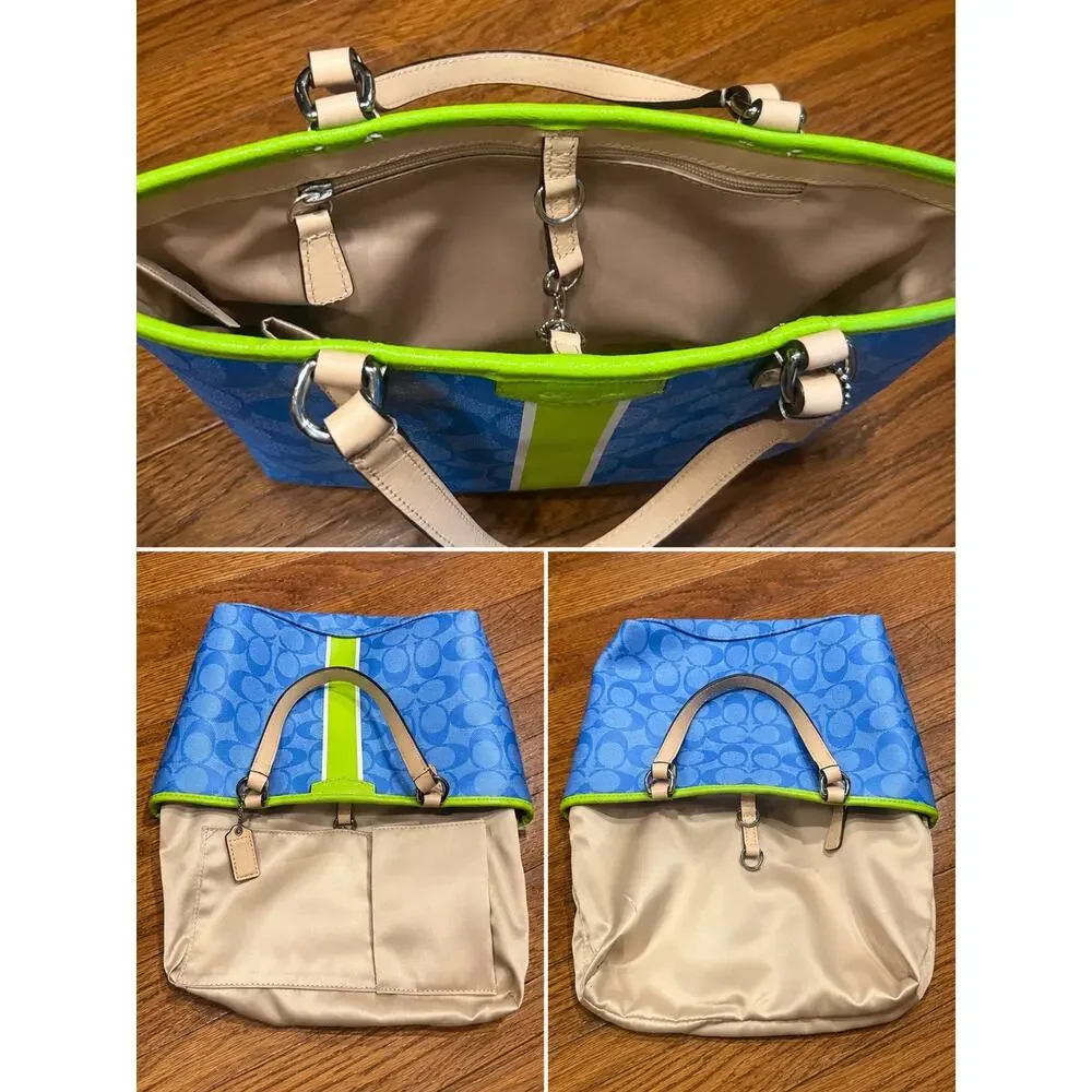 Coach Signature C Momogram Stripe Mini Tote Blue Green Canvas Authenticated
